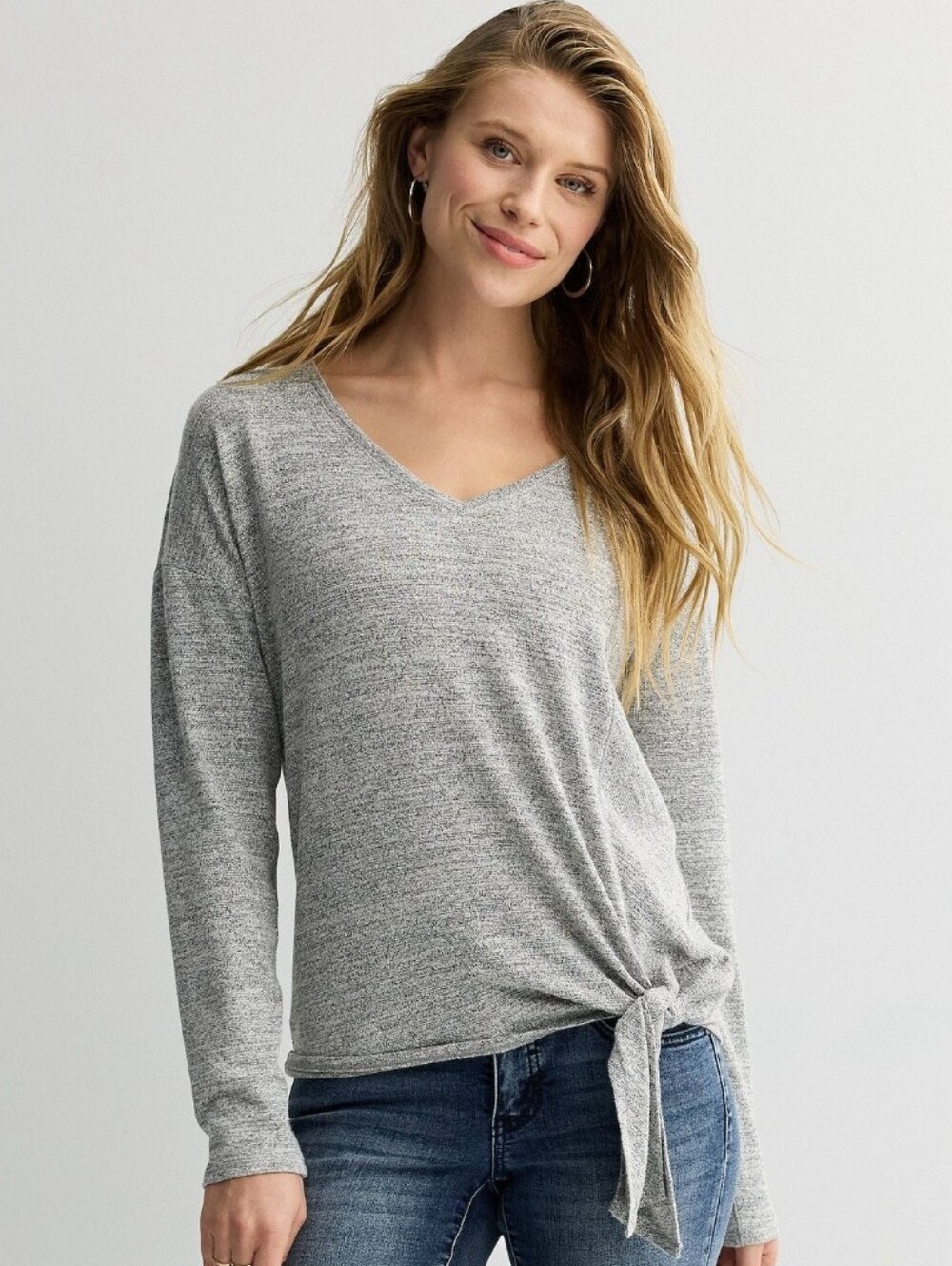 Apt. 9 Silver Metallic V-Neck Tie-Front Long Sleeve Top